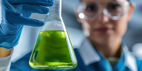 Poster - Scientist holding erlenmeyer flask containing green liquid in laboratory setting