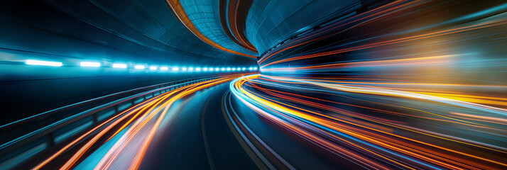Fototapete - Light trails winding through futuristic illuminated tunnel