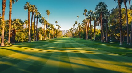 Serene Oasis. Tranquil golf course set against palm trees in sunny Palm Springs, California