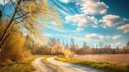 Wall Mural - a road with trees in the background and a blue sky