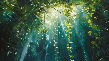 Wall Mural - A painting of a forest with vines and leaves. The painting is full of light and color, giving it a peaceful and serene mood