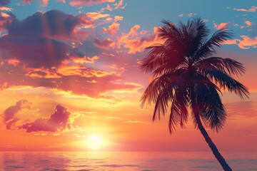 Wall Mural - A beautiful sunset over the ocean with a palm tree in the foreground. The sky is filled with clouds and the sun is setting, creating a warm and peaceful atmosphere