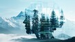 © Alpha - Personal trainer and nature landscape, double exposure with a digital interface, creating a futuristic postcard with mountains and forests