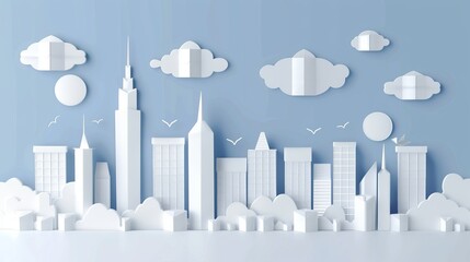 white city skyline paper sculpture long panorama background layout.