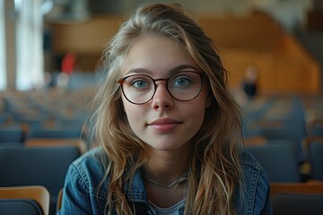 Canvas Print - A girl wearing glasses and a blue jacket is sitting in a classroom. She is smiling and looking at the camera