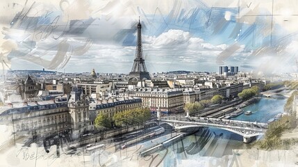 Wall Mural - Eiffel Tower iconic landmark and Paris old roofs from above, Paris France