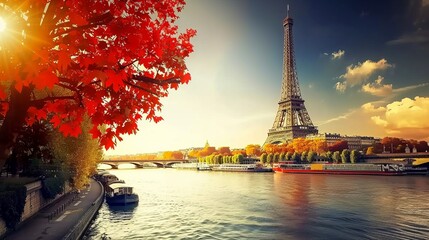 Wall Mural - Eiffel Tower iconic landmark and Paris old roofs from above, Paris France