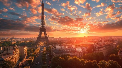 Wall Mural - Eiffel Tower iconic landmark and Paris old roofs from above, Paris France