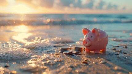 Pink piggy bank with coin on table in home room