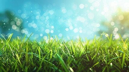 Wall Mural - A field of green grass with a blue sky in the background. The grass is lush and vibrant, and the sky is clear and bright. Concept of peace and tranquility, as if one were walking through a serene