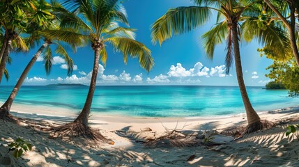 Wall Mural - A beautiful beach with palm trees and a clear blue ocean. The beach is empty and peaceful. The ocean is calm and inviting. The scene is perfect for relaxation