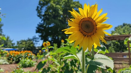 Poster - A close-up of a sunflower in full bloom, with a backdrop of a beautifully maintained garden and clear blue sky.