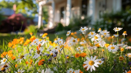 Canvas Print - A close-up of blooming daisies and marigolds in a front garden, with the house elegant architecture in the background.