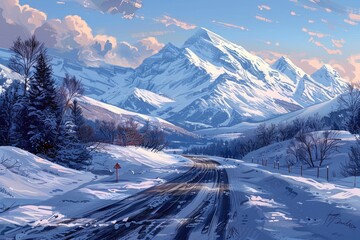 Wall Mural - A snowy mountain range with a road in the middle. The road is covered in snow and has a red sign on it. The scene is peaceful and serene, with the mountains in the background