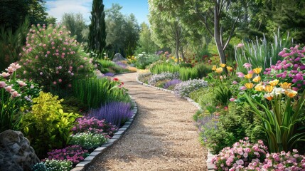 Canvas Print - A peaceful garden pathway lined with blooming flowers and green shrubs, inviting a leisurely stroll through nature.