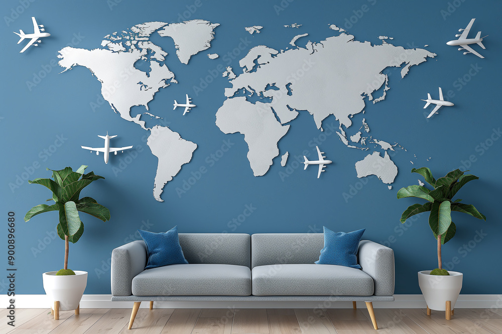Living Room with World Map Decor Stock Photo | Adobe Stock