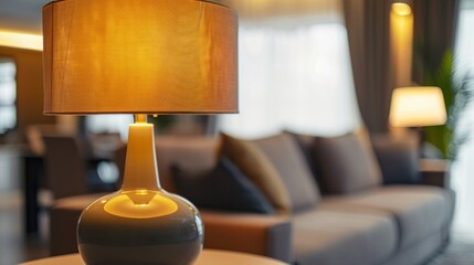 Close up of grey table lamp with interior background.Selective focus