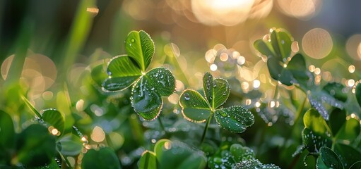 Wall Mural - Wild green clovers plants wet with dew in the morning