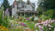 © buraratn - An elegant Victorian-style house with a meticulously arranged flower garden, showcasing a mix of perennials and annuals.