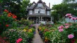 © buraratn - An elegant Victorian-style house with a meticulously arranged flower garden, showcasing a mix of perennials and annuals.