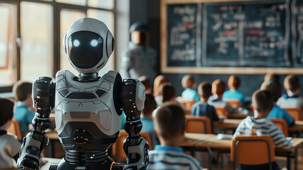 A robot teacher is standing in front of the blackboard giving lessons to the students