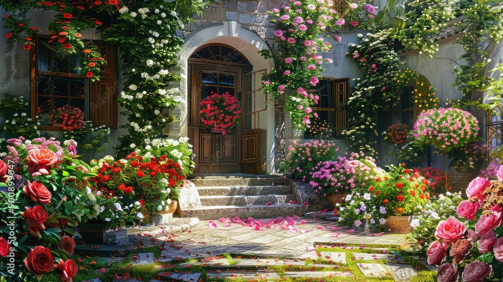 A beautiful array of blooming roses and lilies in a front garden ...