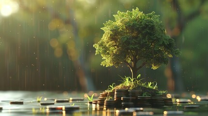 Wall Mural - A 3D rendering of a growing financial tree, illustrating investment and wealth growth.