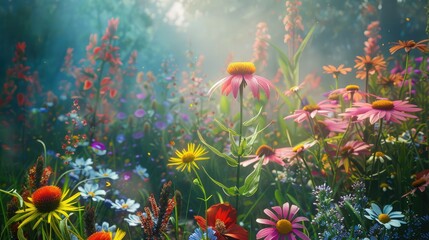 Wall Mural - A beautiful mix of wildflowers growing in a garden, with their vibrant colors and natural arrangement creating a stunning scene.