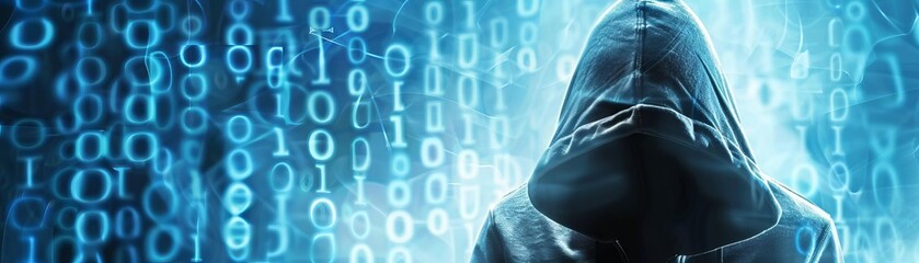 a hooded figure in front of a blue digital background with binary code, representing cyber security 
