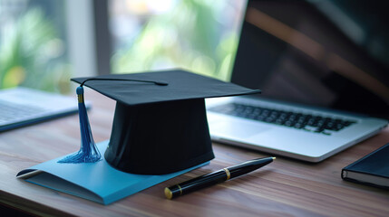 Black graduation cap on the table with laptop and pen. Concept of online education