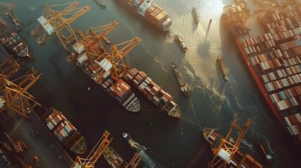 Bustling Aerial View of a Vibrant Port Harbor with Shipping Containers and Cranes in Action