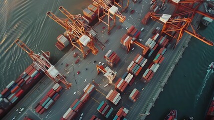 Leinwandbilder - Bustling Port Aerial View with Ships Containers and Cranes in