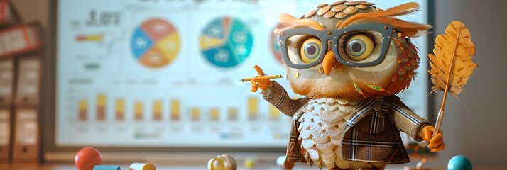 Poster - wise 3D cartoon owl, wearing spectacles and a tweed jacket, stands in front of a projector screen showing a financial report