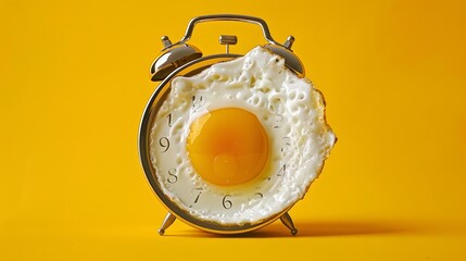 Fried egg sunny side on a vintage alarm clock on yellow background, surreal photo collage. Breakfast time concept. 