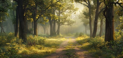 Poster - Dirt road in the middle of the forest with morning sunlight between the trees