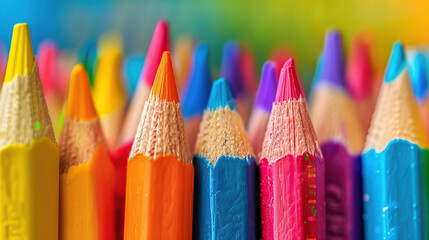 Wall Mural - Colorful pencils in focus on a blurred background in a close-up shot