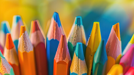 Wall Mural - Colorful pencils in focus on a blurred background in a close-up shot