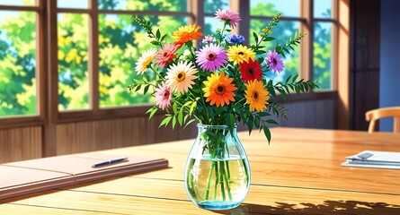 Wall Mural - flowers on vase on wooden table background anime cartoon illustration design backdrop copy space