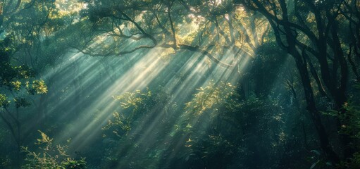 Poster - A ray of morning sunlight penetrates between the forest trees