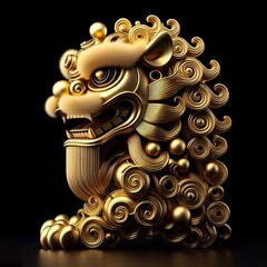 Wall Mural - Gold chinese lion dancing head, 3D style minimalist, black background