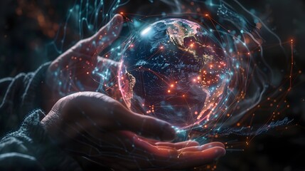 Fototapete - Hands Holding Holographic Globe with Digital Connections and Data Streams