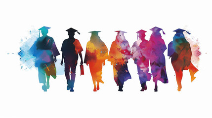 Silhouettes of students in graduation caps splash vibrant watercolors on a white background