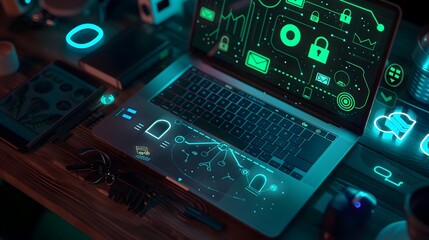 Aufkleber - Laptop Overlaid with Cybersecurity Elements Emphasizing Digital Protection and Online Safety