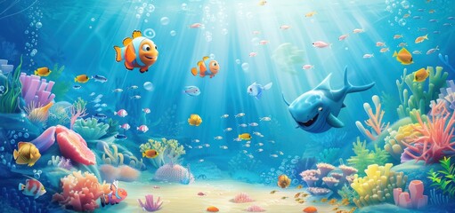 Wall Mural - Children's cartoon illustration of underwater life with beautiful fish and coral reefs.