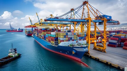 Leinwandbilder - Massive Container Ship Docked at Bustling Port Unloading Cargo with Towering Cranes