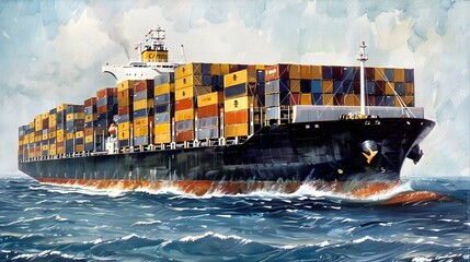 Fototapete - Massive Container Ship Sailing Across the Open Ocean with Cargo Load