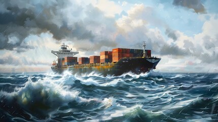Fototapete - Massive Container Ship Sailing Across the Open Ocean with Cargo Containers