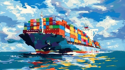 Leinwandbilder - Massive Container Ship Sailing on Open Ocean with Cargo Freight Containers