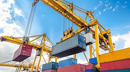Leinwandbilder - Massive Cranes Lifting and Relocating Shipping Containers at Busy Port Terminal