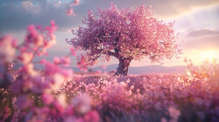 Wall Mural - Cherry Blossom Tree in a Field of Pink Flowers